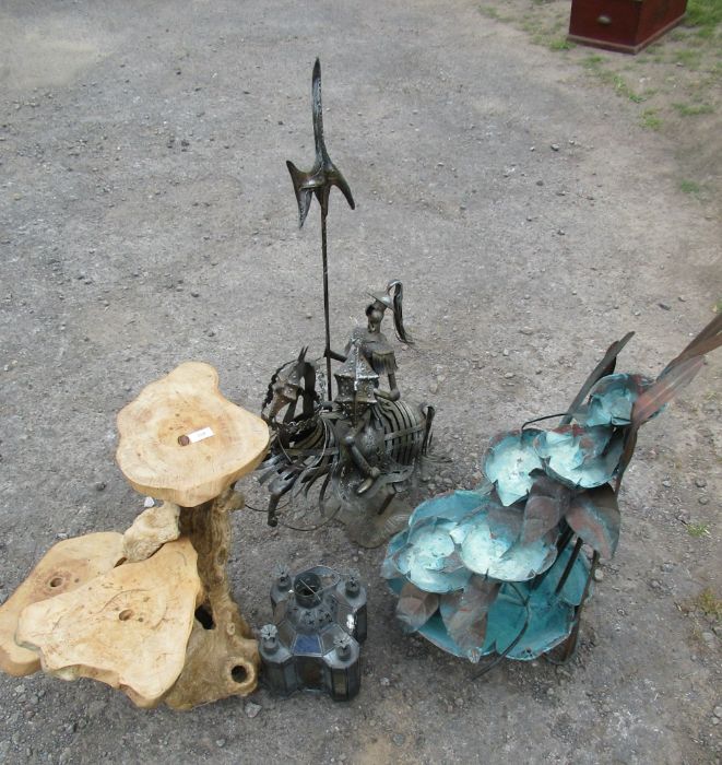 Water feature, metal model of figure on horseback, wooden stand and light shade