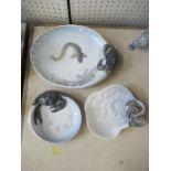 Three Bing & Grondal dishes, one moulded with a crab and decorated with a fish, the others with