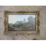 A 19th century oil on canvas, landscape with ruin, cathedral and buildings on a hill with cattle and