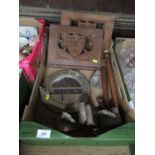 A box of sundries to include mirror, book ends, book stands