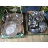 Two boxes of assorted glass and silver plate including a bell