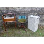 A Victorian/Edwardian  piano stool together with another and a Lloyd Loom basket