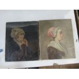 Two Antique oil on canvas, portraits of woman, both unframed, 12.5ins x 10.5ins