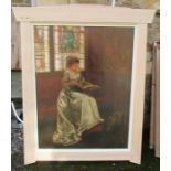 A Victorian oil on canvas, portrait of a seated woman reading from a book with stained glass