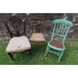 Three chairs, to include a green painted rocking chair, a 19th century chair and another