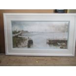An oil on canvas, harbour scene with figure, 17ins x 35ins