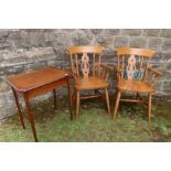 A pair of pine arm chairs and an oak occasional table width 22ins , height 27ins