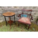 A Regency open arm chair, together with an Edwardian center table , diameter 20.5ins