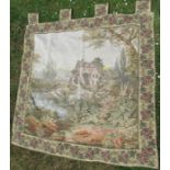 A modern tapestry wall hanging, decorated with a water mill in landscape, 48ins x 48ins excluding