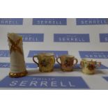 Three miniature  Royal Worcester blushed ivory loving cups and a bamboo spill Vase