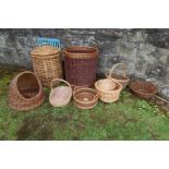 A collection of wicker items to include log bin/baskets etc