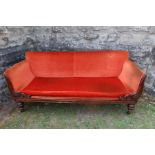 A 19th century design red velvet settee raised on turn front legs  width 74ins