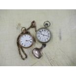 An Omega pocket watch together with Silver caddy spoon and rolled gold pocket watch and chain