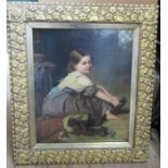A 19th century oil on canvas, interior scene with girl putting on her shoes, 24ins x 20ins