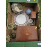 A box of candle sticks, wooden box and other items