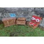 A collection of wicker items, to include picnic hamper, basket, pigeon/poultry carrier etc