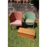 Two Lloyd loom armchairs  and a pine box