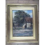 An Antique oil on canvas, figure in farmyard, 12ins x 8.5ins