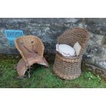 A wicker child's chair , and wicker child's chair saddle seat