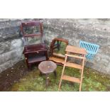 A metamorphic set of library steps, chair, swing frame toilet mirror, primitive stool, and set of