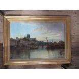 An oil on canvas, Worcester, signed, 15.5ins x 23ins - hole in canvas