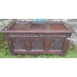 An Antique oak coffer, width 46ins, depth 21ins, height 23ins