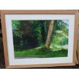 David Prentice, watercolour, Worcestershire lane - Leaning Tree, in a new oak frame, 23ins x