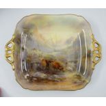 A Royal Worcester square plate, decorated with Highland cattle by a bridge with building beyond by