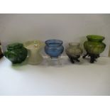 Five various Art Nouveau Loetz style vases, in blues, greens and clear glass and some raised on a