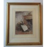 Helen Allingham, watercolour, a lady seated by a fire, signed, 7.5ins x 5.5ins  - Good condition, no