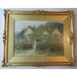 Helen Allingham, watercolour, Old House Middlesex, mother holding baby outside a cottage, signed,