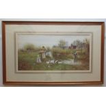 Thomas James Lloyd, watercolour, Springtime, girls with ducks by a stream, signed, 13ins x 27.