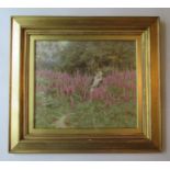Helen Allingham, watercolour, girl carrying sticks in a field with foxgloves, signed, 12.5ins x