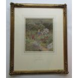 Helen Allingham, watercolour, Minna, girl in a flower garden, signed, 9.75ins x 8.5ins - Happy