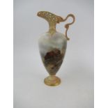 A Royal Worcester ewer, with pierced blush ivory neck, the body decorated with Highland Cattle in