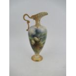 A Royal Worcester ewer, with pierced blush ivory neck, the body decorated with sheep in landscape by