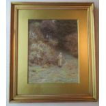 Helen Allingham, watercolour, In the Primrose Wood, Girl on path with basket, signed, 14.25ins x
