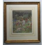 Helen Allingham, watercolour, The Herbaceous Border, a girl in the artists garden at Sandhill,