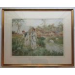 Alfred Glendening, watercolour, Picking Wild Flowers at a Lakes Edge, signed, 20ins x 27.75ins, good