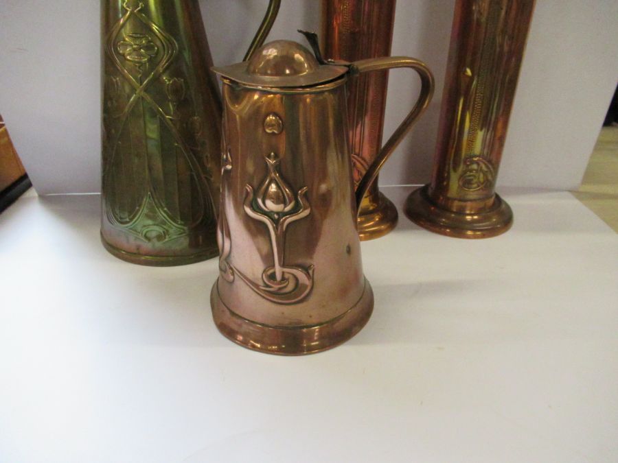 A cooper Arts and Crafts lidded jug, together with a brass Arts and Crafts jug and two - Image 2 of 5