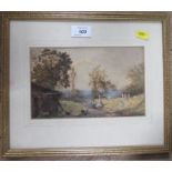 A 19th century watercolour rural scene with children and chickens signed K Belford  5.5ins x 9ins