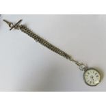 A ladies sliver cased fob watch, with silver curb link chain, together with two other open face