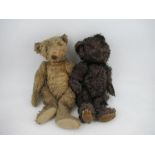 Two teddy bears, one in gold plush the other in brown plush, height 19ins