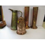 A cooper Arts and Crafts lidded jug, together with a brass Arts and Crafts jug and two