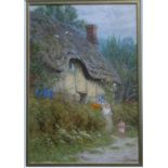 Helen Allingham, watercolour, A Wiltshire Cottage, children outside a thatched cottage, signed, 9.