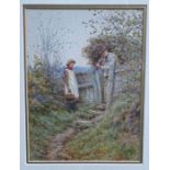 Helen Allingham, watercolour, Coming Through, young girl and man by a gate, signed, 8.25ins x 6.