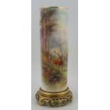 A Royal Worcester cylindrical vase, decorated with stag and a hind in landscape by Harry Stinton, to
