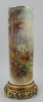 A Royal Worcester cylindrical vase, decorated with stag and a hind in landscape by Harry Stinton, to