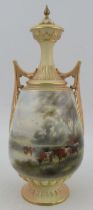 A Royal Worcester covered vase, decorated with English cattle in landscape by John Stinton, with