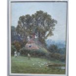 Helen Allingham, watercolour, Cottage with figures and ducks, signed, 11.5ins x  9.5ins